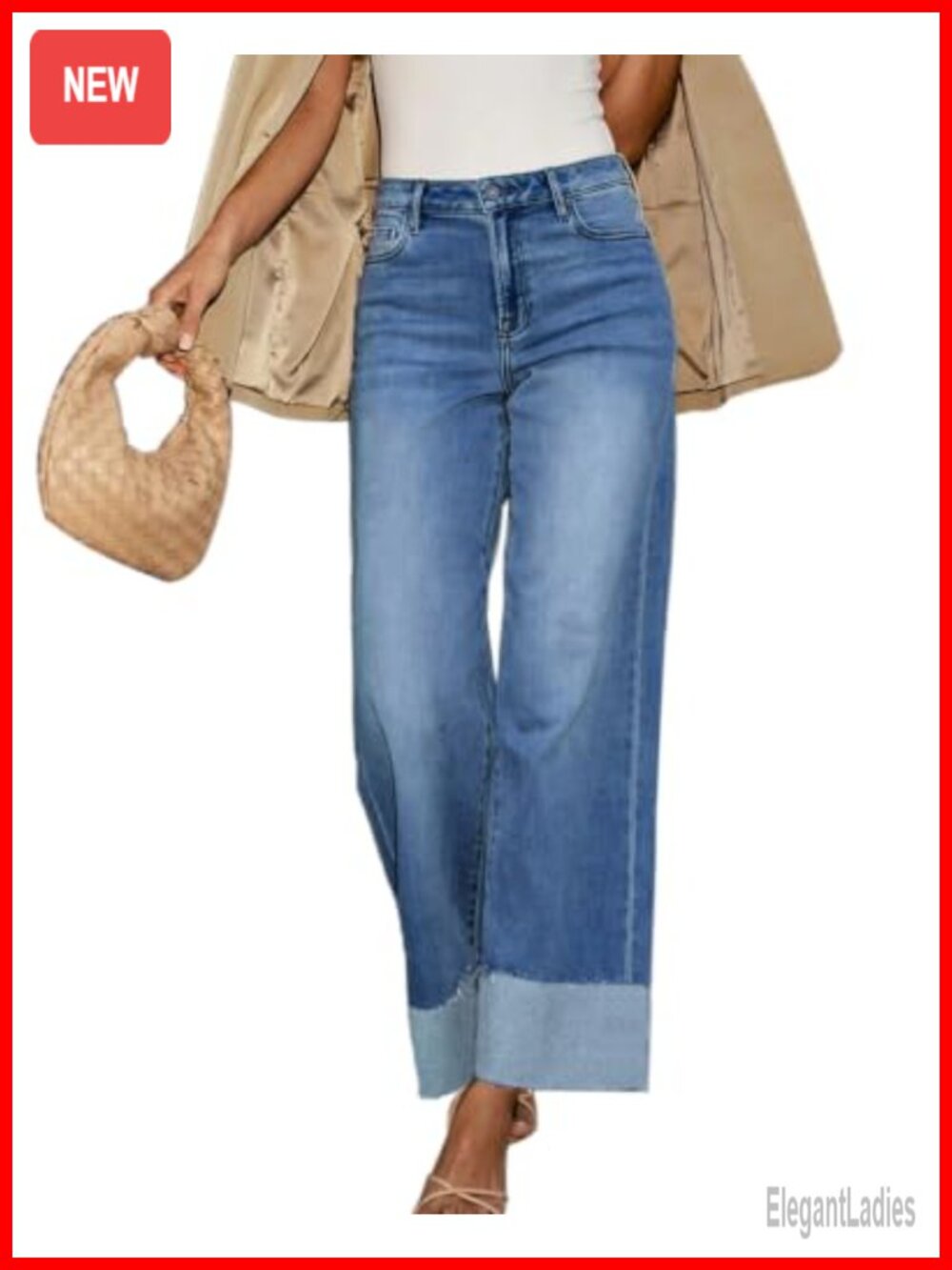 High Waisted Wide Leg Cuffed Jeans for Women Frayed Raw Hem